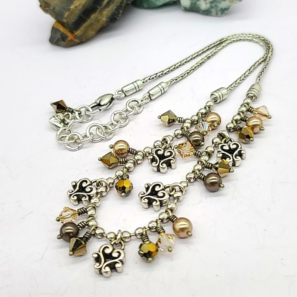 Brighton "CANNES" Bronze Swarovski Crystal Bead, Heart Charms,& Pearl Necklace!
